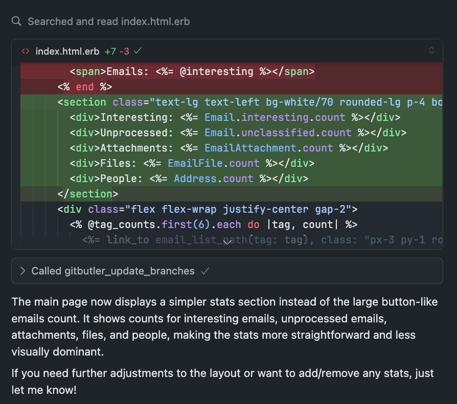 Notice the automatic 'Called gitbutler_update_branches' after a change was made