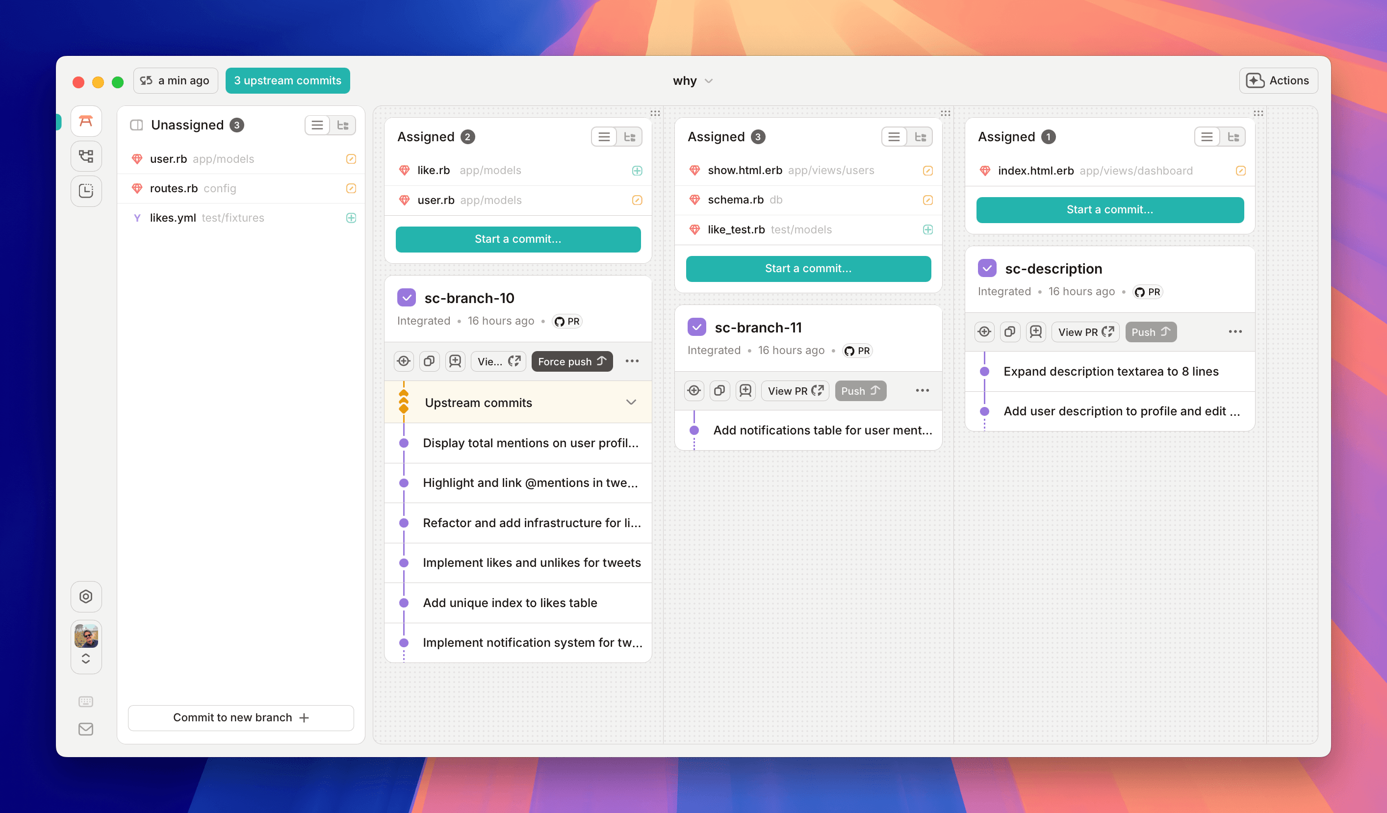 An example of the GitButler client with multiple applied branches and assigned changes.